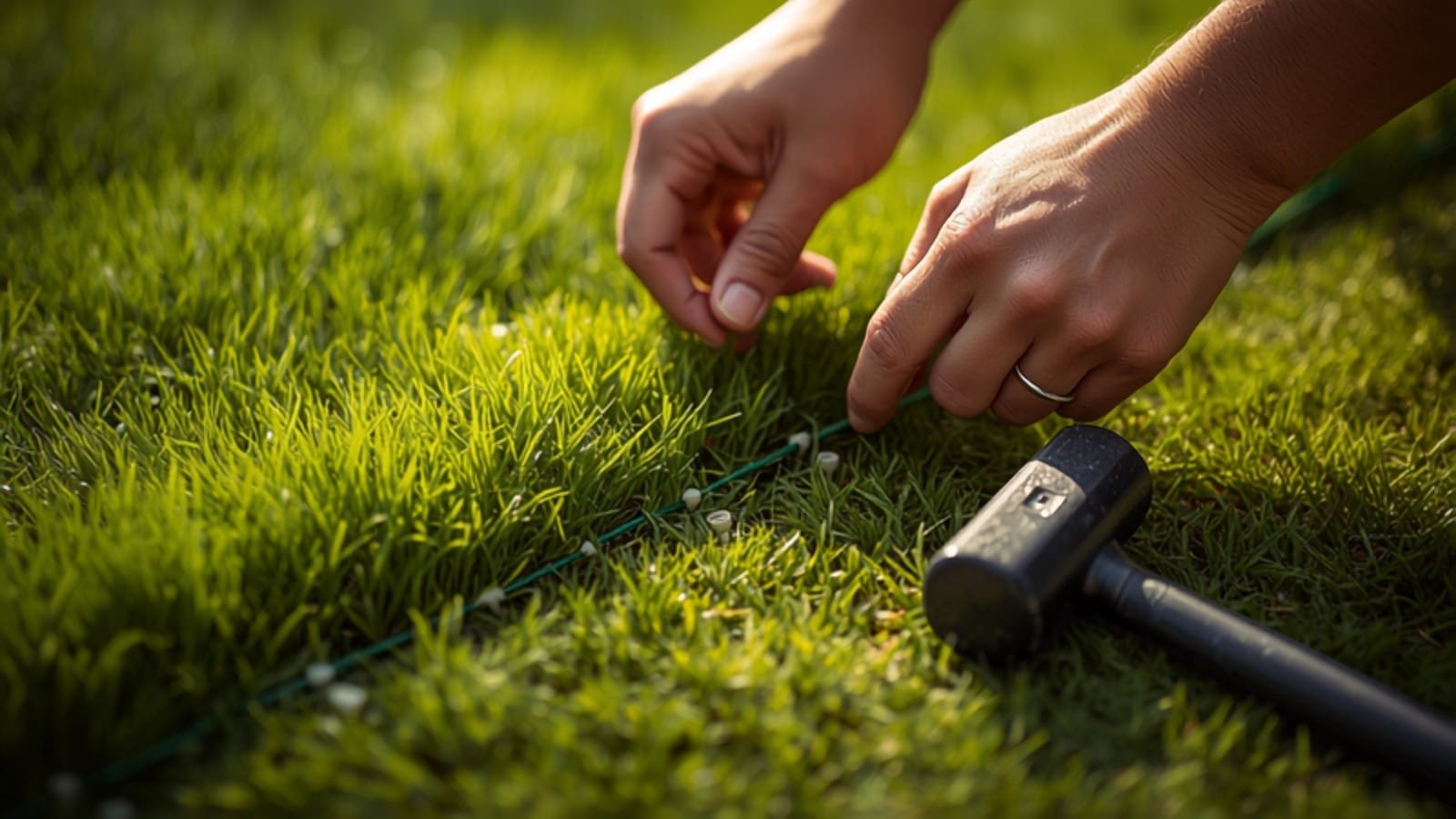 Câble périphérique sécurisé par des clips dans l'herbe (illustration)