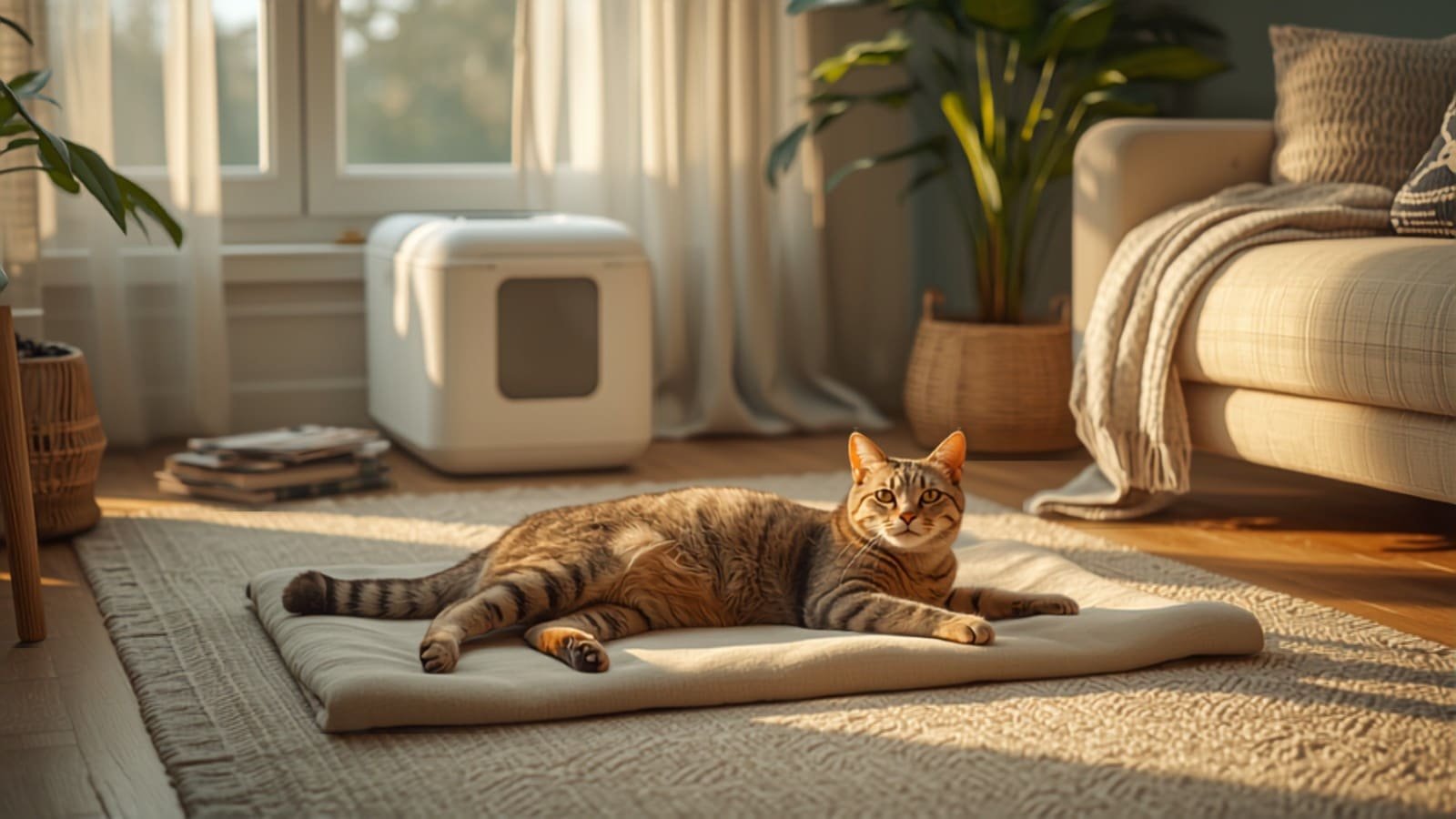 Chat détendu dans un salon, litière automatique en arrière-plan (illustration)