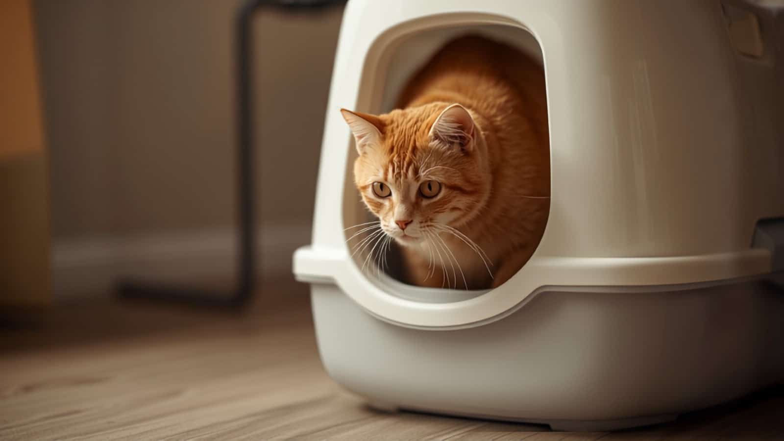 Chat roux entrant dans une litière autonettoyante fermée (illustration)