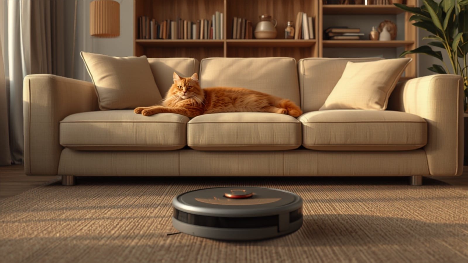 Chat à poils longs sur le canapé pendant que le robot aspirateur travaille (illustration)