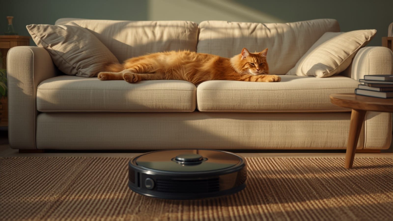 Robot aspirateur et chat dans un salon lumineux (illustration)