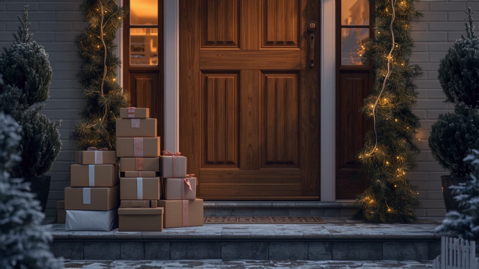 Colis de livraison devant une porte décorée pour les fêtes (illustration)