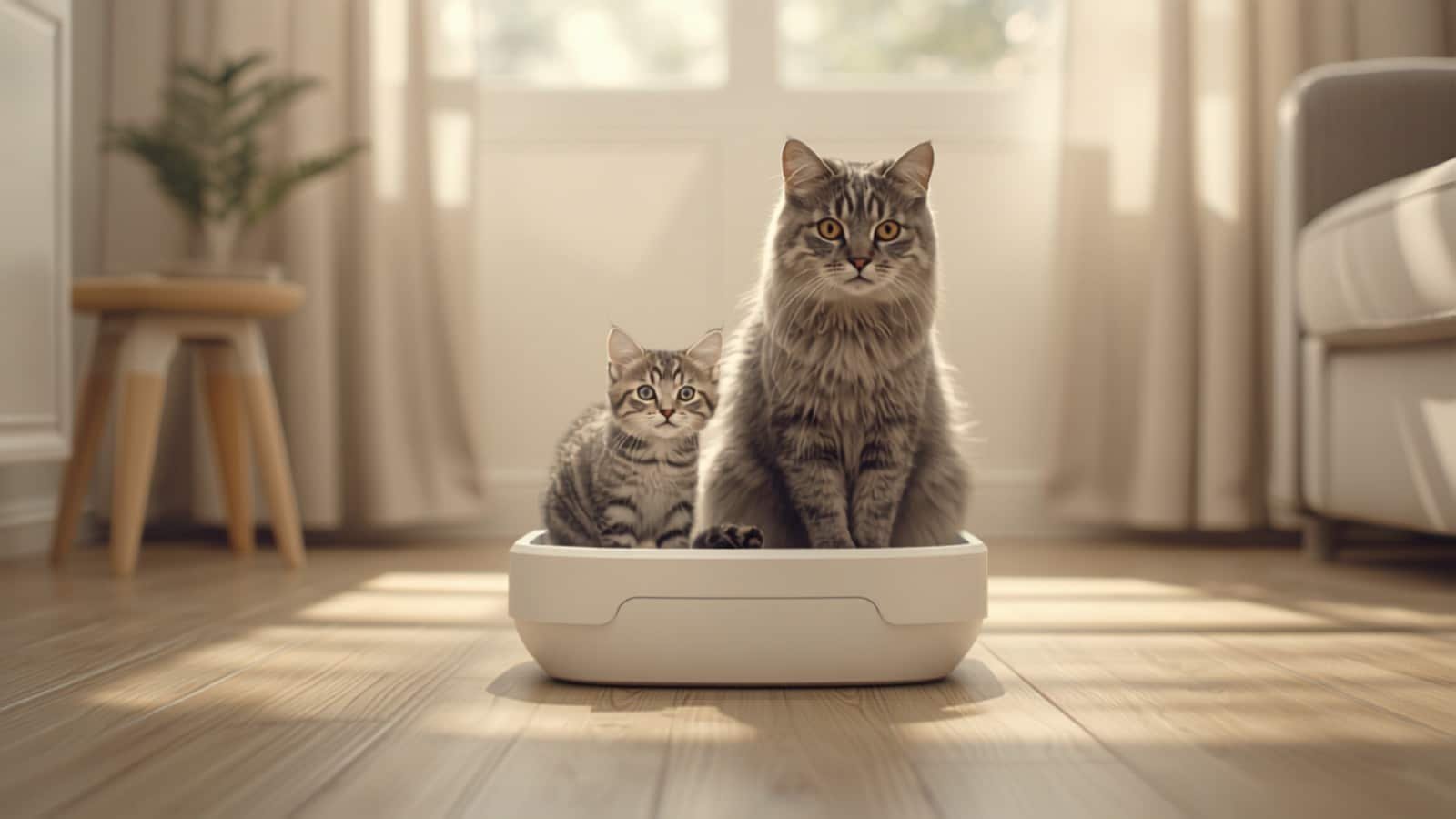 Chaton curieux avec chat adulte, sécurité litière (illustration)