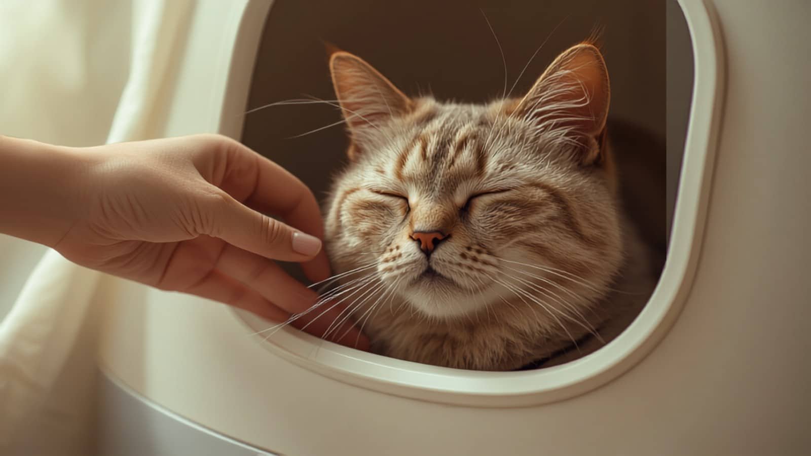Caresse rassurante d'un chat près de sa litière (illustration)
