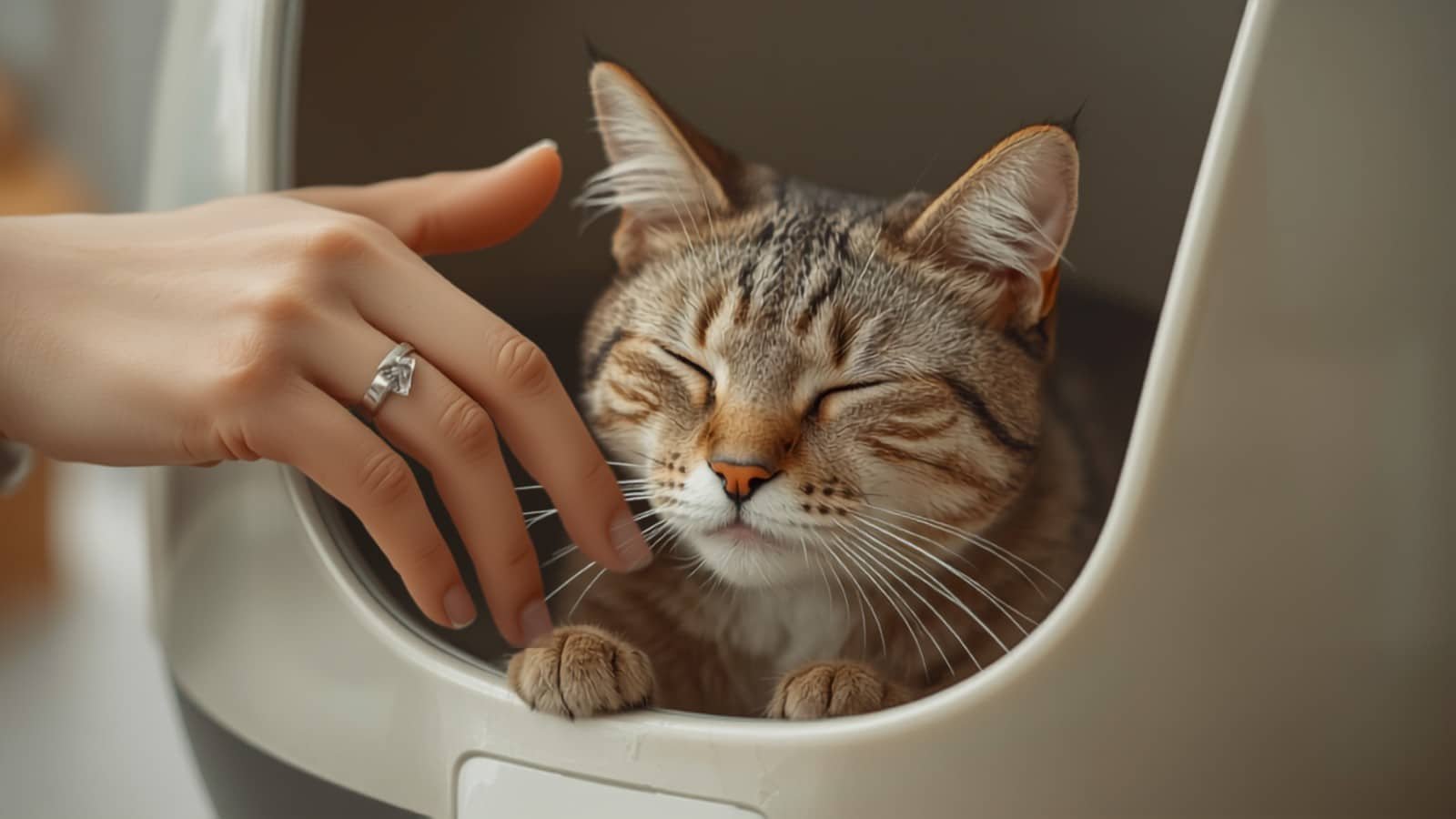 Chat serein près d'une litière automatique moderne (illustration)