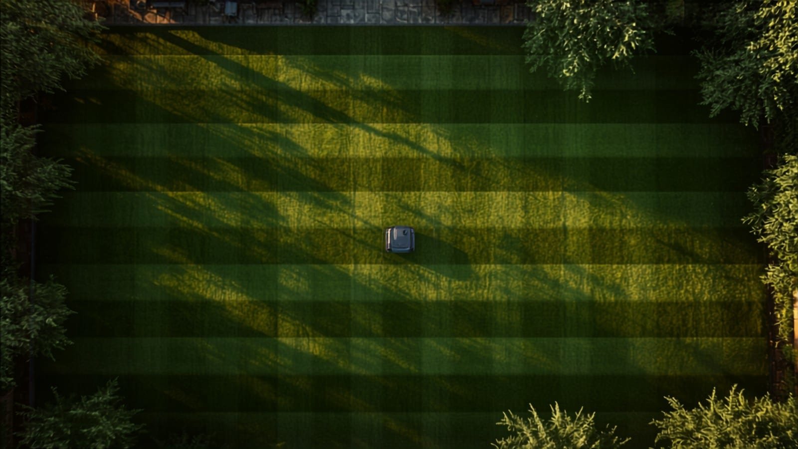 Jardin de banlieue vu de haut, pelouse et terrasse (illustration)
