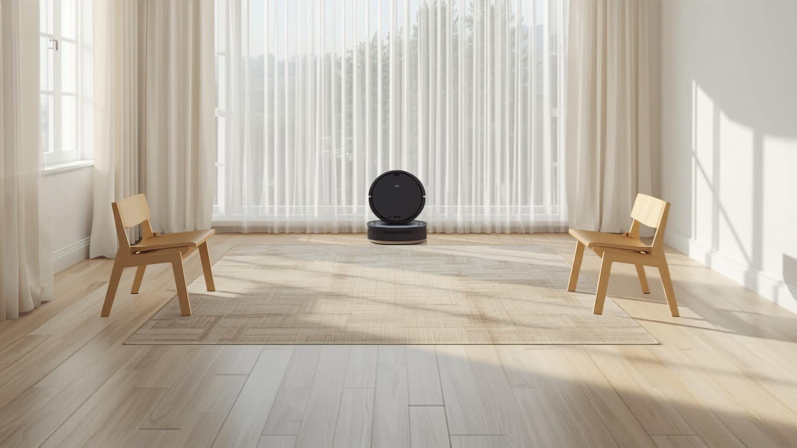 Intérieur rangé et sol dégagé, robot aspirateur sur sa station de charge (illustration)