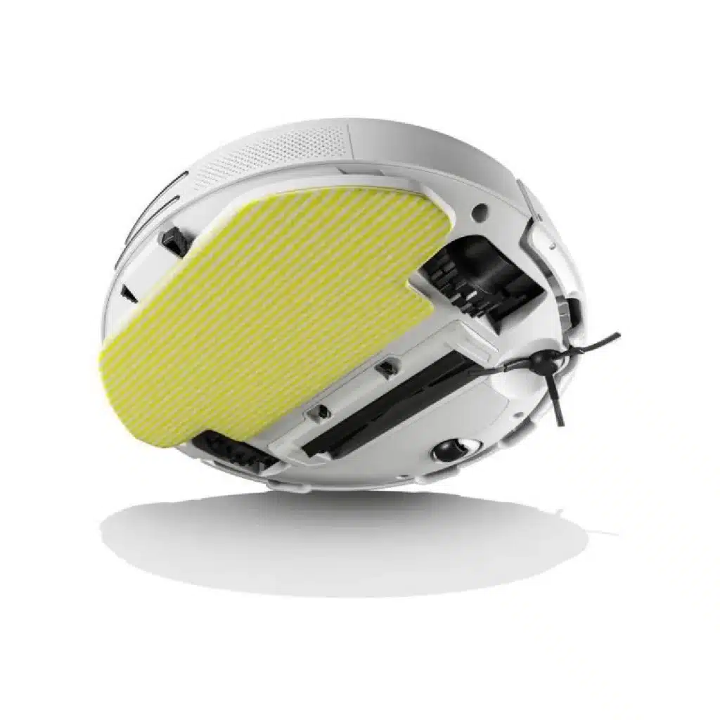 Kärcher RCV 3 : Dessous du robot avec la lingette de lavage jaune (photo fabricant)