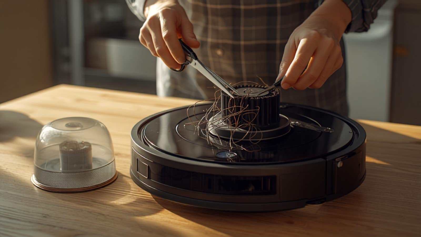 Nettoyage de la brosse principale d'un robot aspirateur aux ciseaux