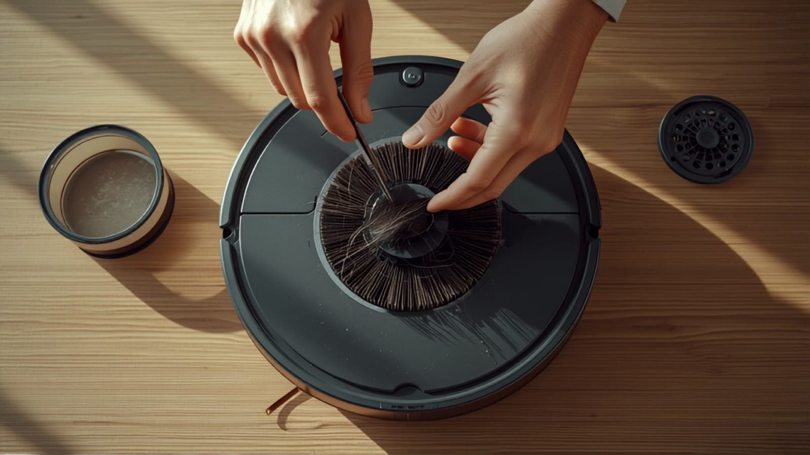 Filtre, bac et brosse d'un robot aspirateur posés pour l'entretien (illustration)