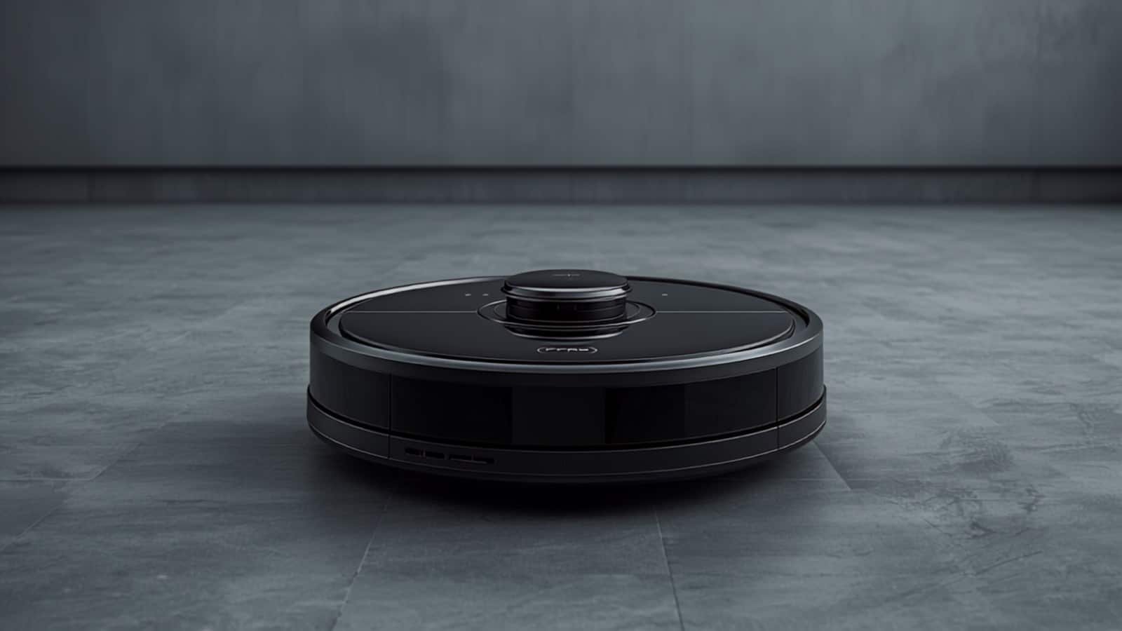 Robot aspirateur avec module caméra frontal dans un intérieur design (illustration)