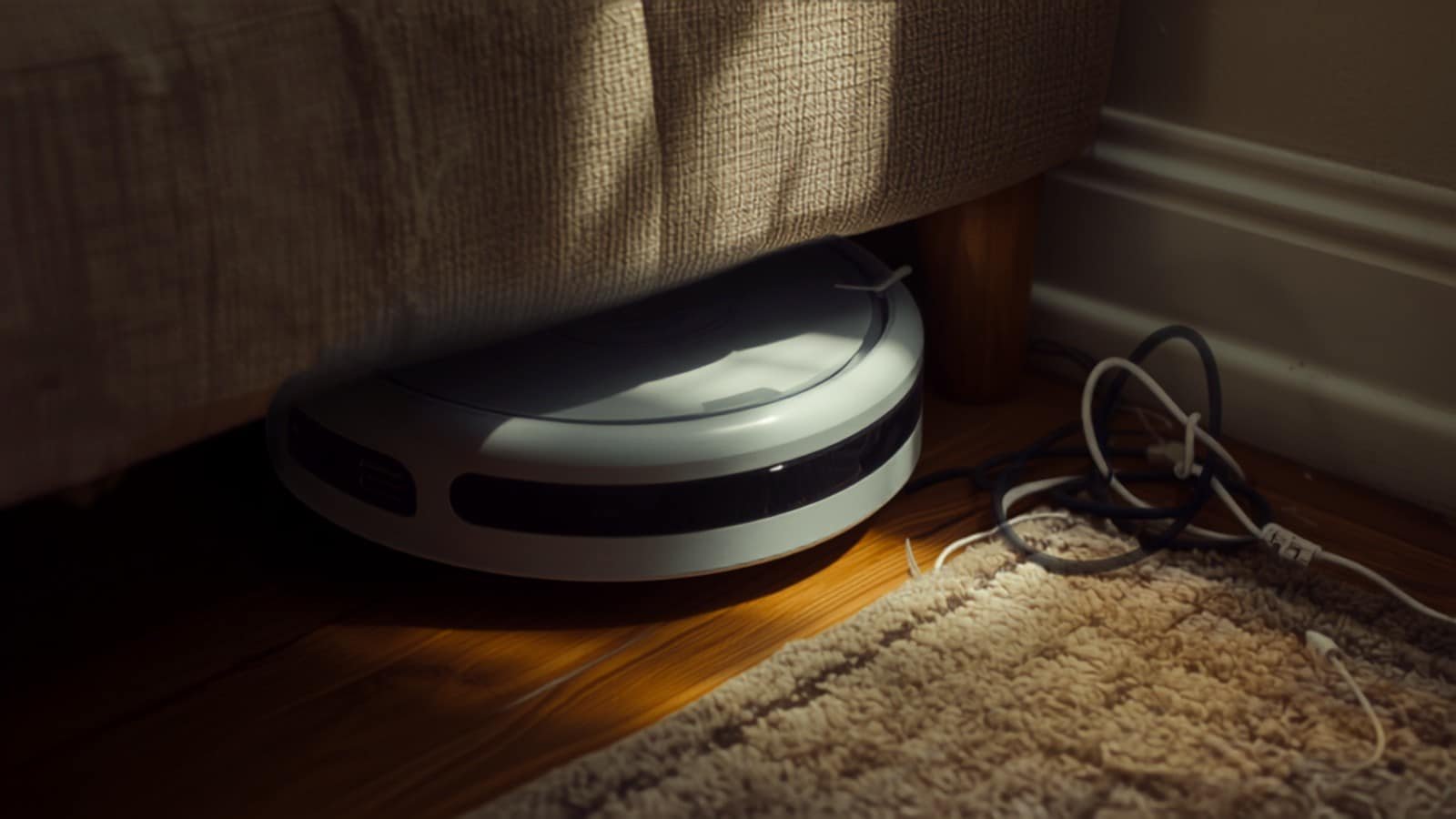 Robot aspirateur coincé sous un meuble bas, câbles au sol (illustration)