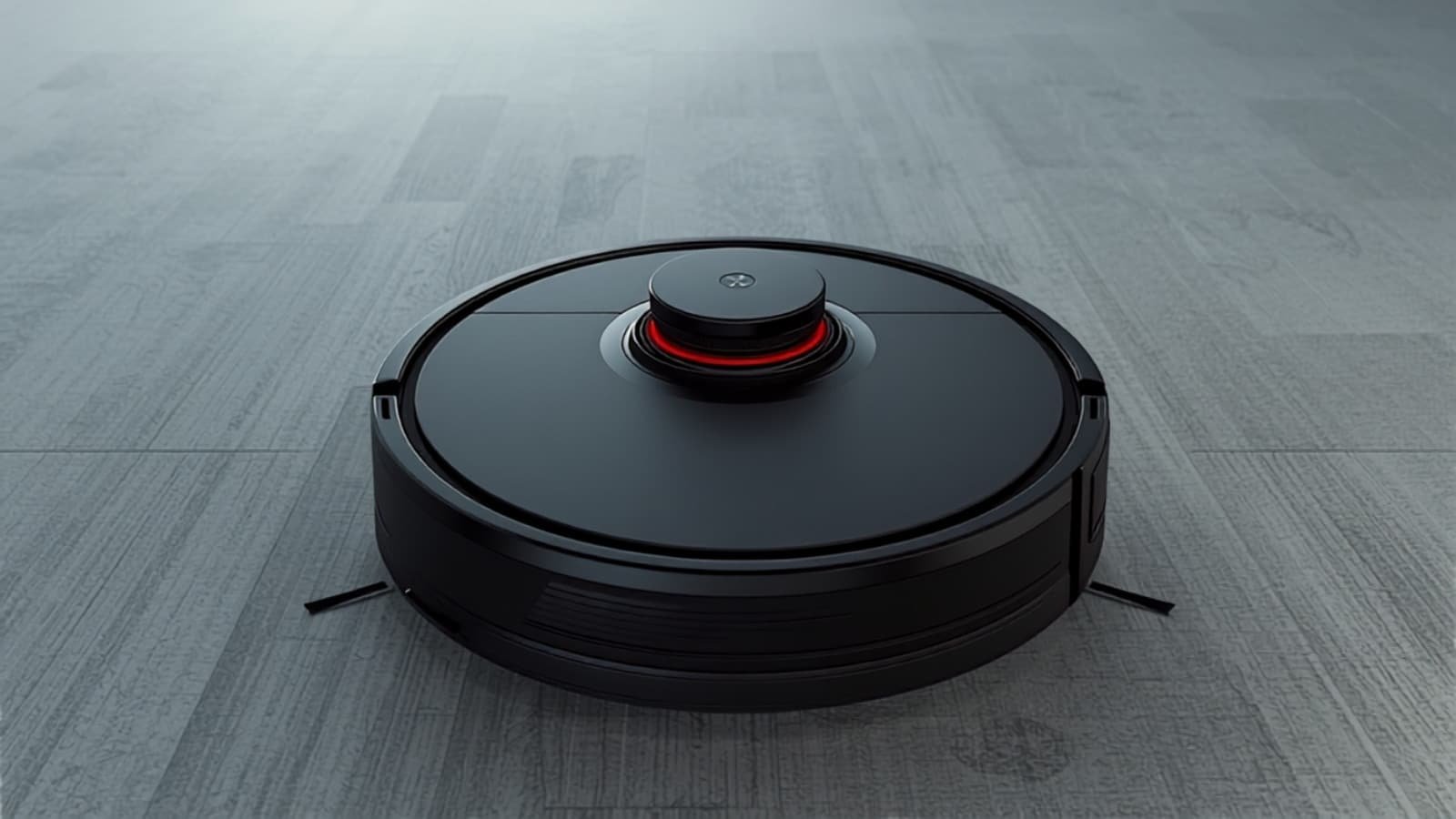 Robot aspirateur noir mat avec capteurs de navigation en intérieur raffiné (illustration)