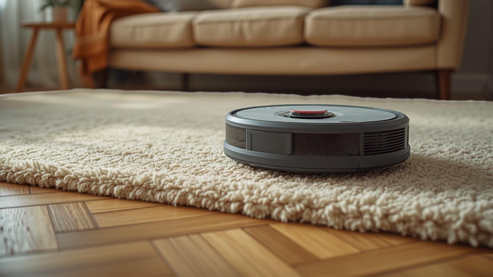 Robot aspirateur sur un tapis berbère écru dans un salon chaleureux
