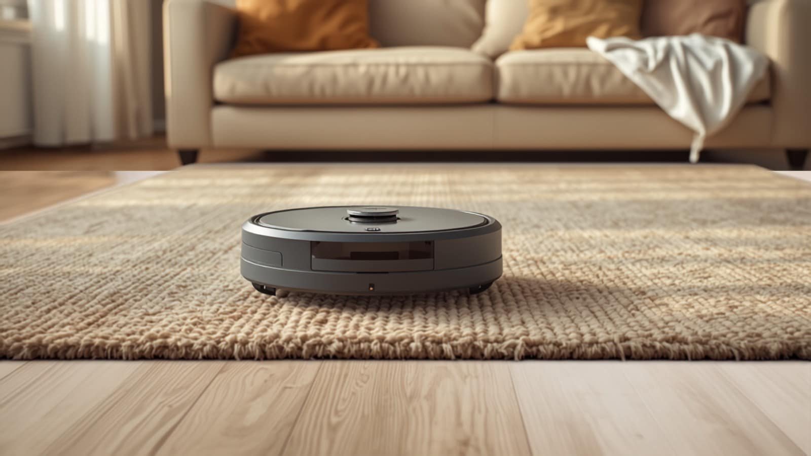 Robot aspirateur gris sur tapis crème au milieu du salon (illustration)