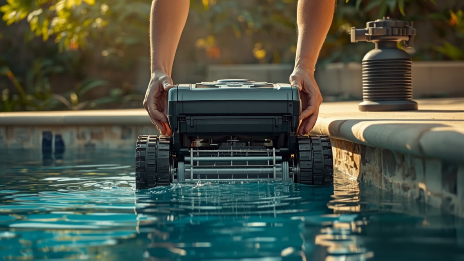 Robot de piscine et son filtre posés sur la margelle en pierre (illustration)