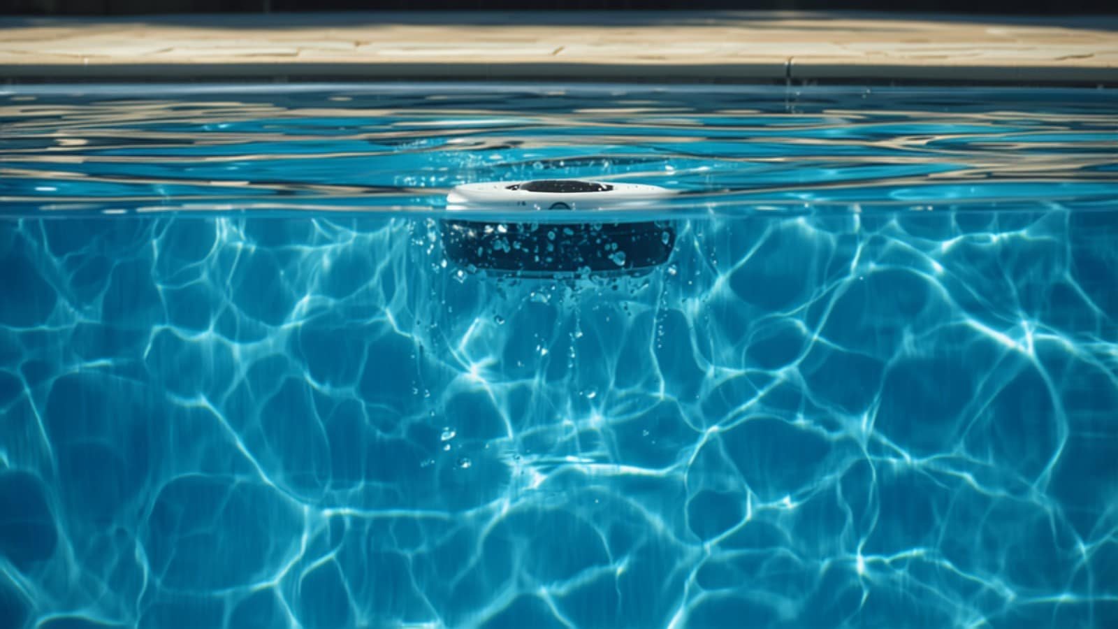 Robot de piscine remontant la paroi vers la surface ensoleillée (illustration)