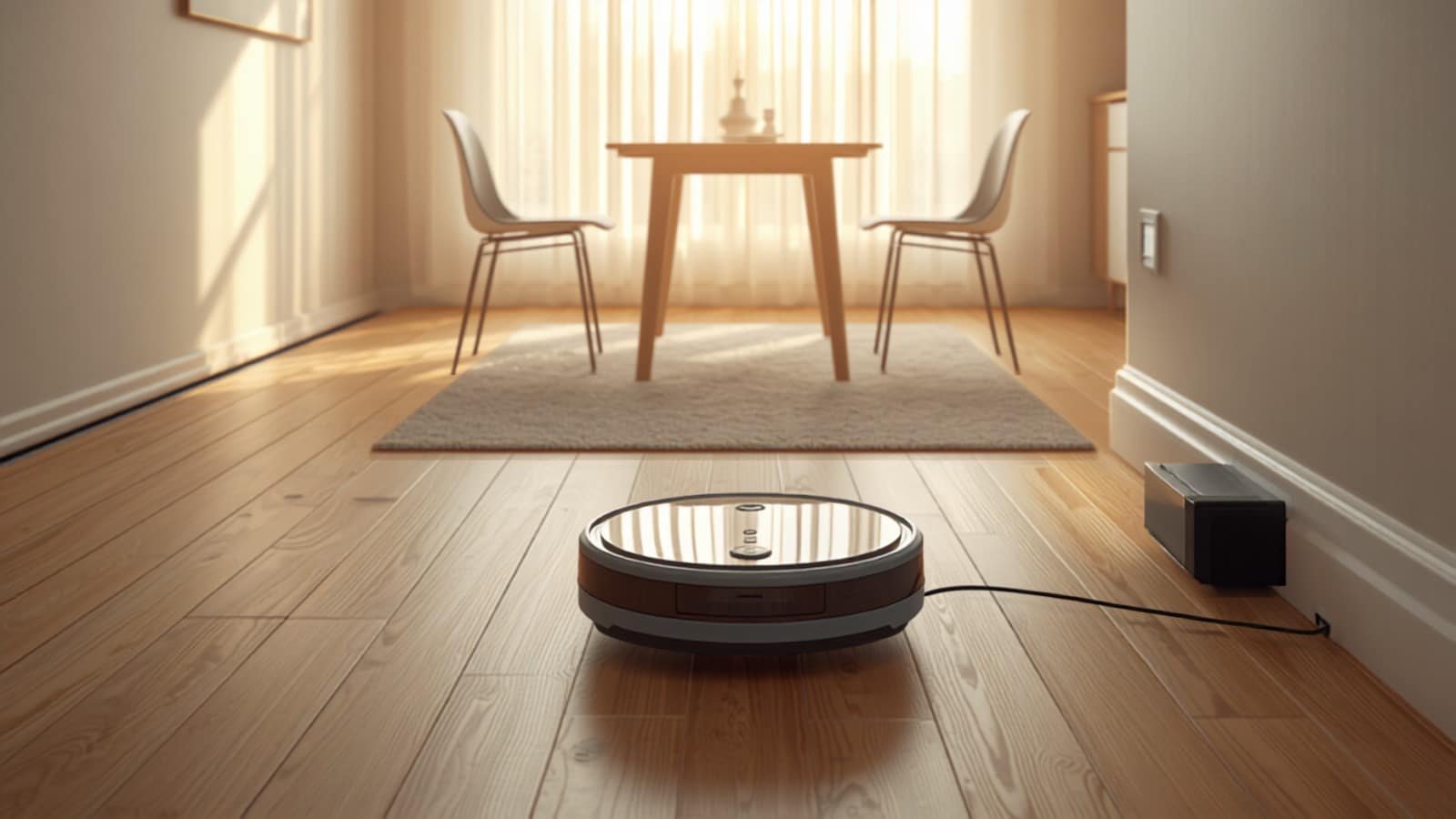 Robot aspirateur sur sa station dans un salon lumineux préparé (illustration)