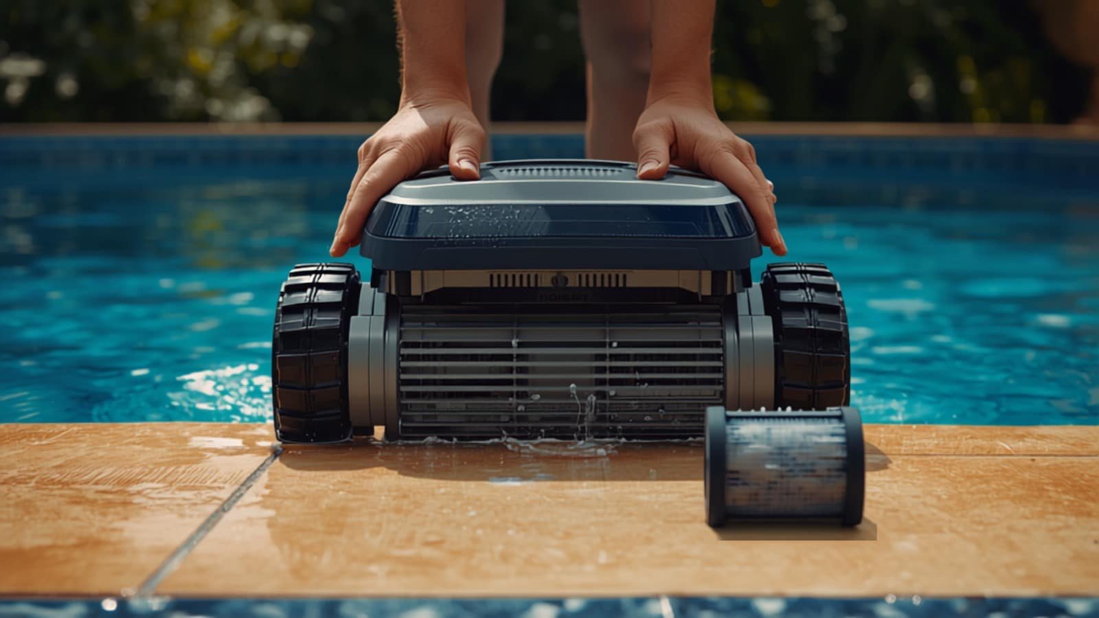 Robot de piscine sorti de l'eau pour inspection au bord du bassin