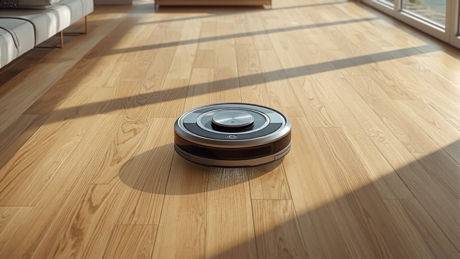 Trace d'humidité laissée par un robot laveur sur un parquet clair (illustration)
