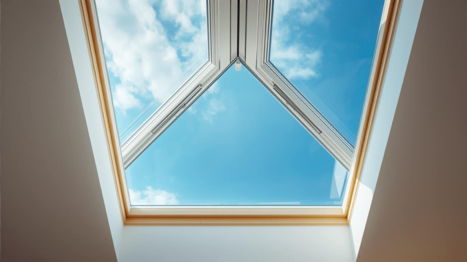 Fenêtre de toit nettoyée par robot avec ciel bleu visible (illustration)