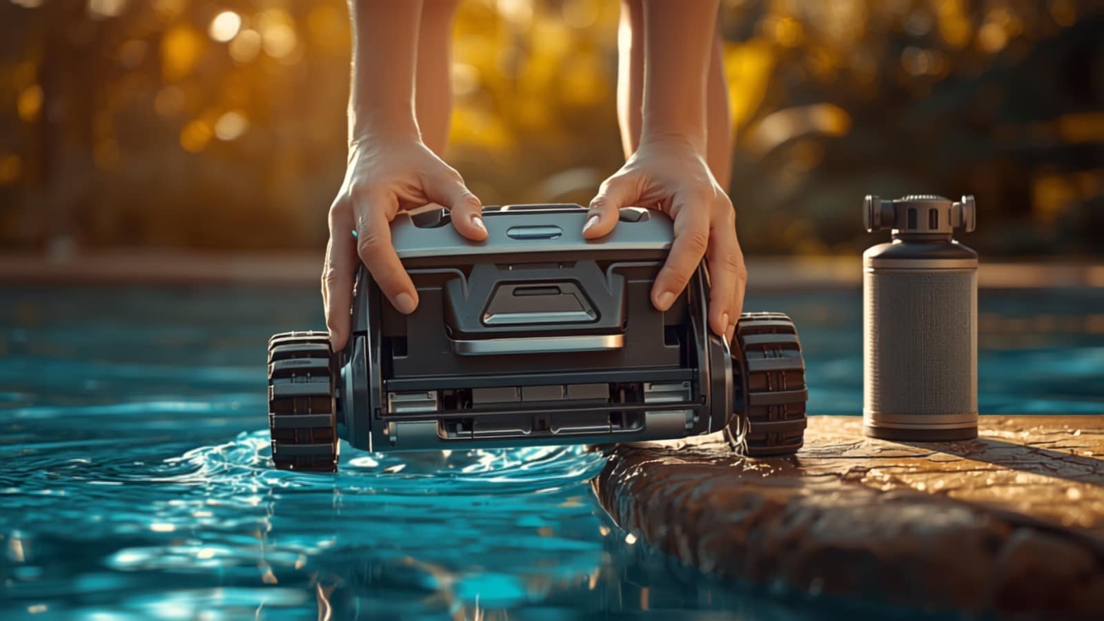 Mains vérifiant la turbine d'un robot nettoyeur de piscine (illustration)