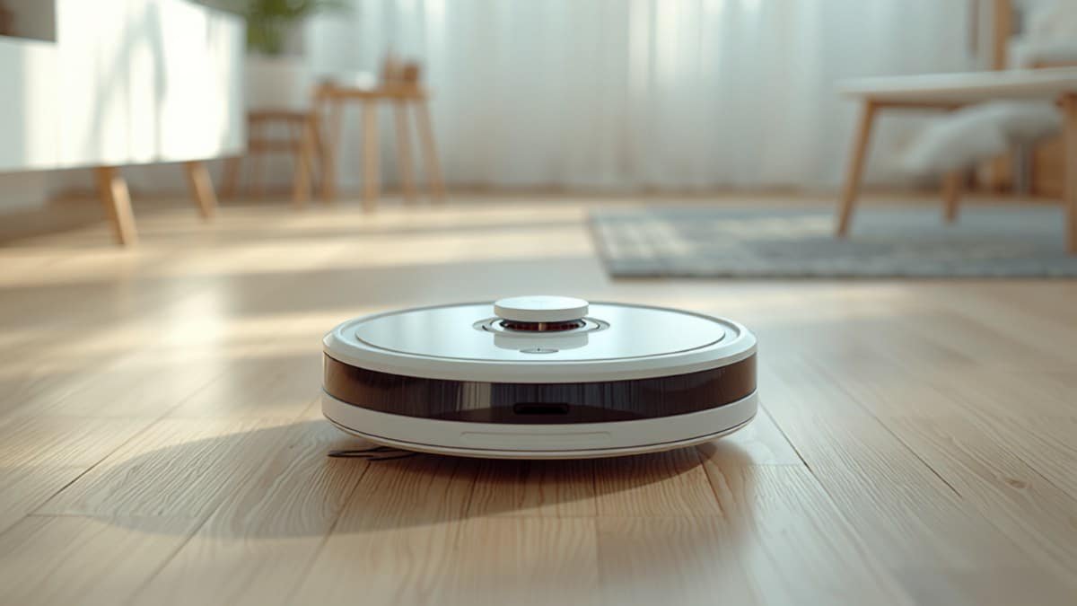 Robot aspirateur sur parquet clair, l'une des six familles de robots domestiques