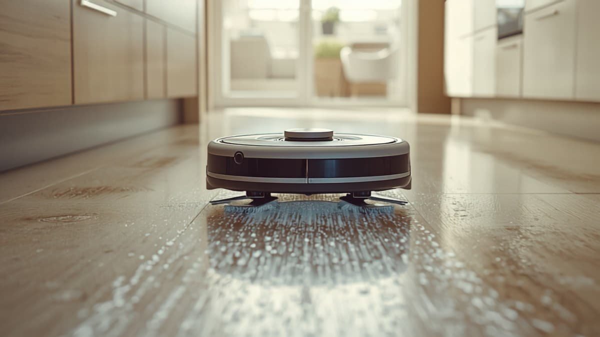 Robot laveur sur carrelage brillant