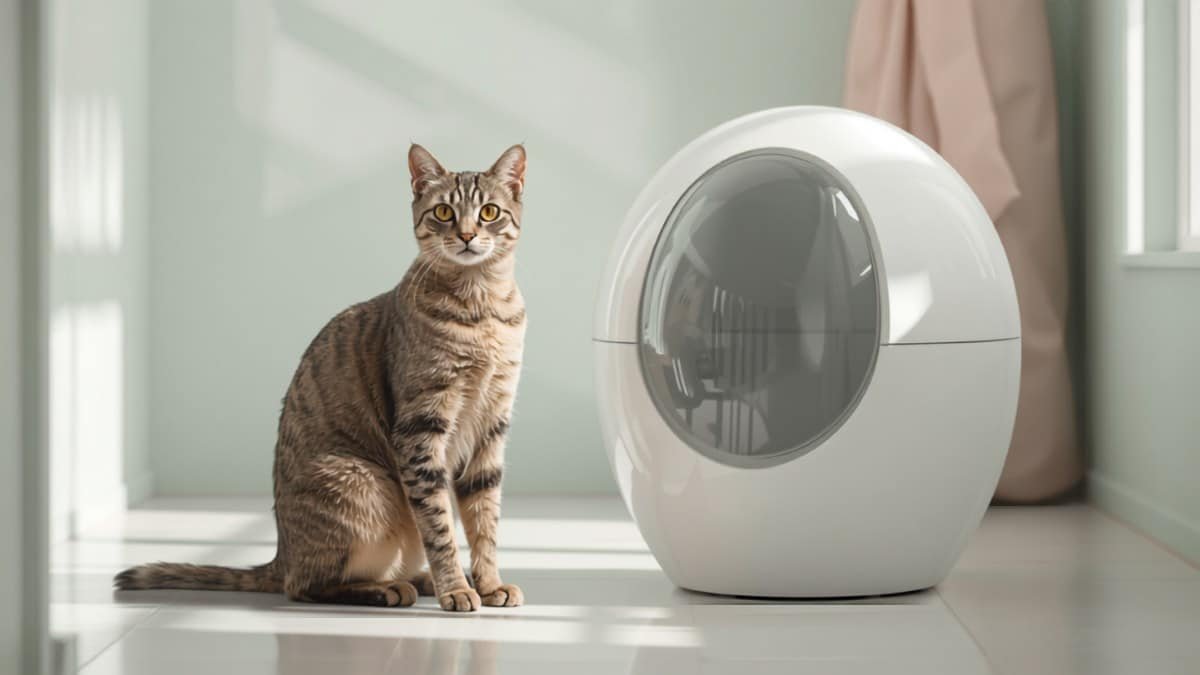 Chat près d'une litière autonettoyante