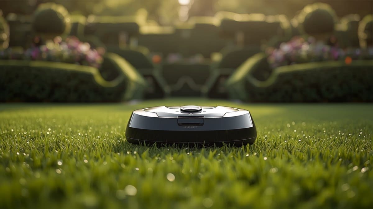 Robot tondeuse sur pelouse verte