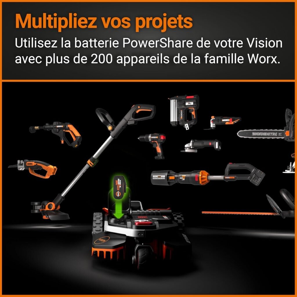Worx Landroid Vision WR206E : Batterie PowerShare partagée avec les outils de la gamme Worx (photo fabricant)