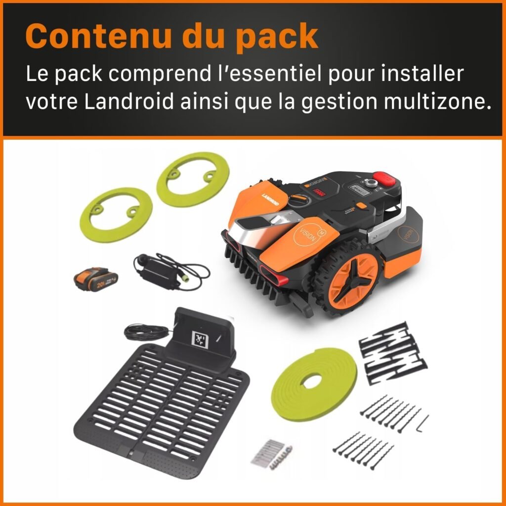 Worx Landroid Vision WR206E : Contenu du pack : robot, station de charge, câble, accessoires (photo fabricant)