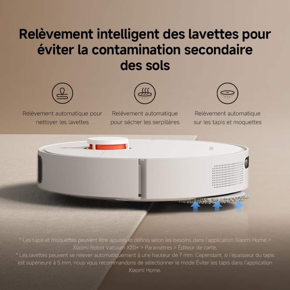 Xiaomi X20+ : Relevage automatique des serpillières sur les tapis (photo fabricant)