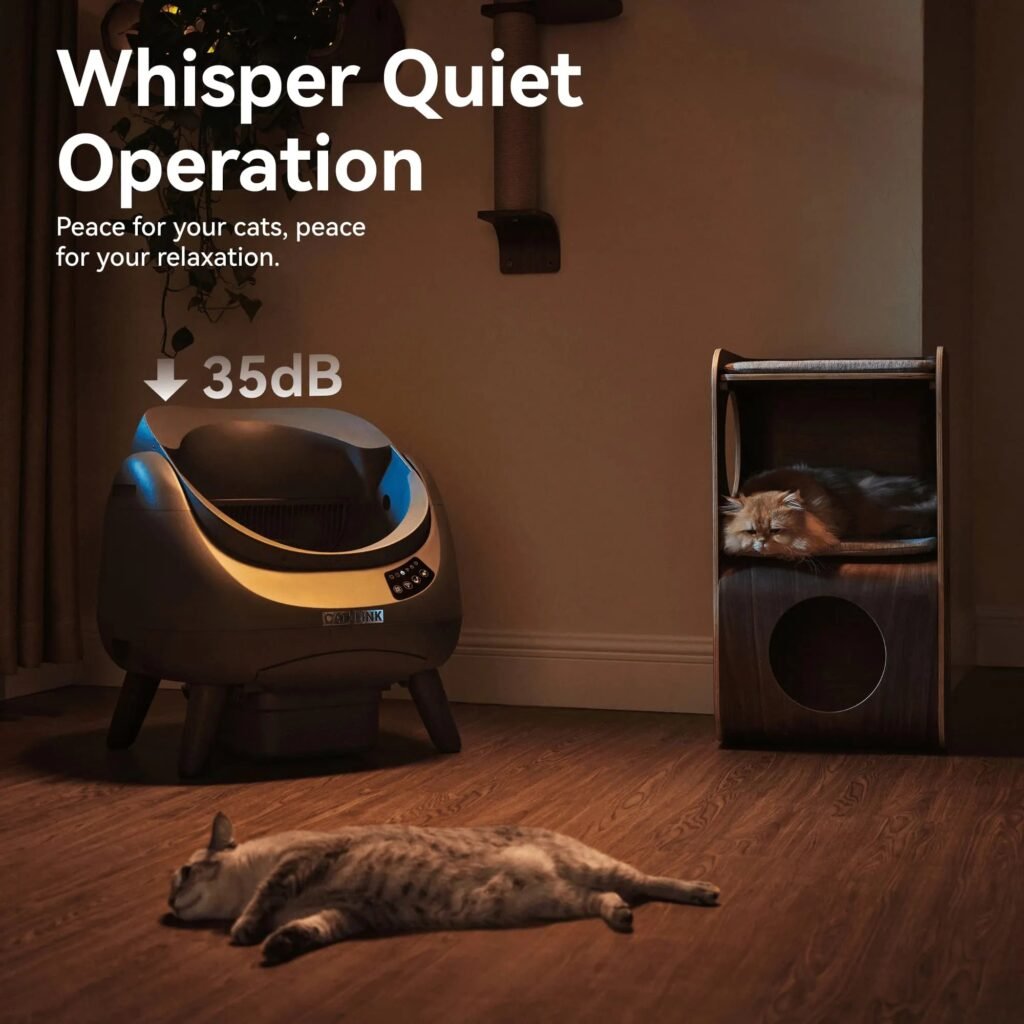 CATLINK litière autonettoyante dessus ouvert : fonctionnement silencieux annoncé à 35 dB (infographie en anglais) (photo fabricant)