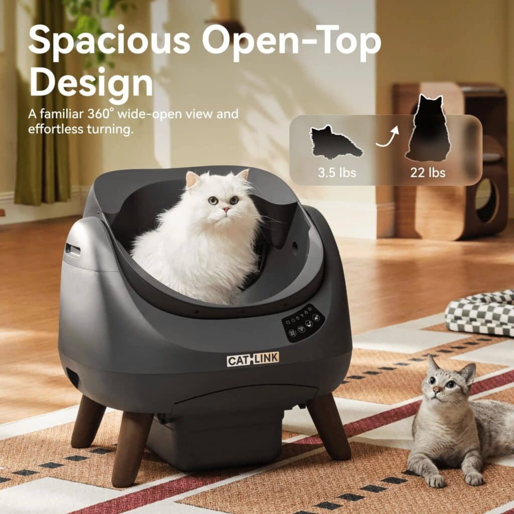 CATLINK litière autonettoyante dessus ouvert : entrée ouverte à 360° avec un chat installé (infographie en anglais) (photo fabricant)