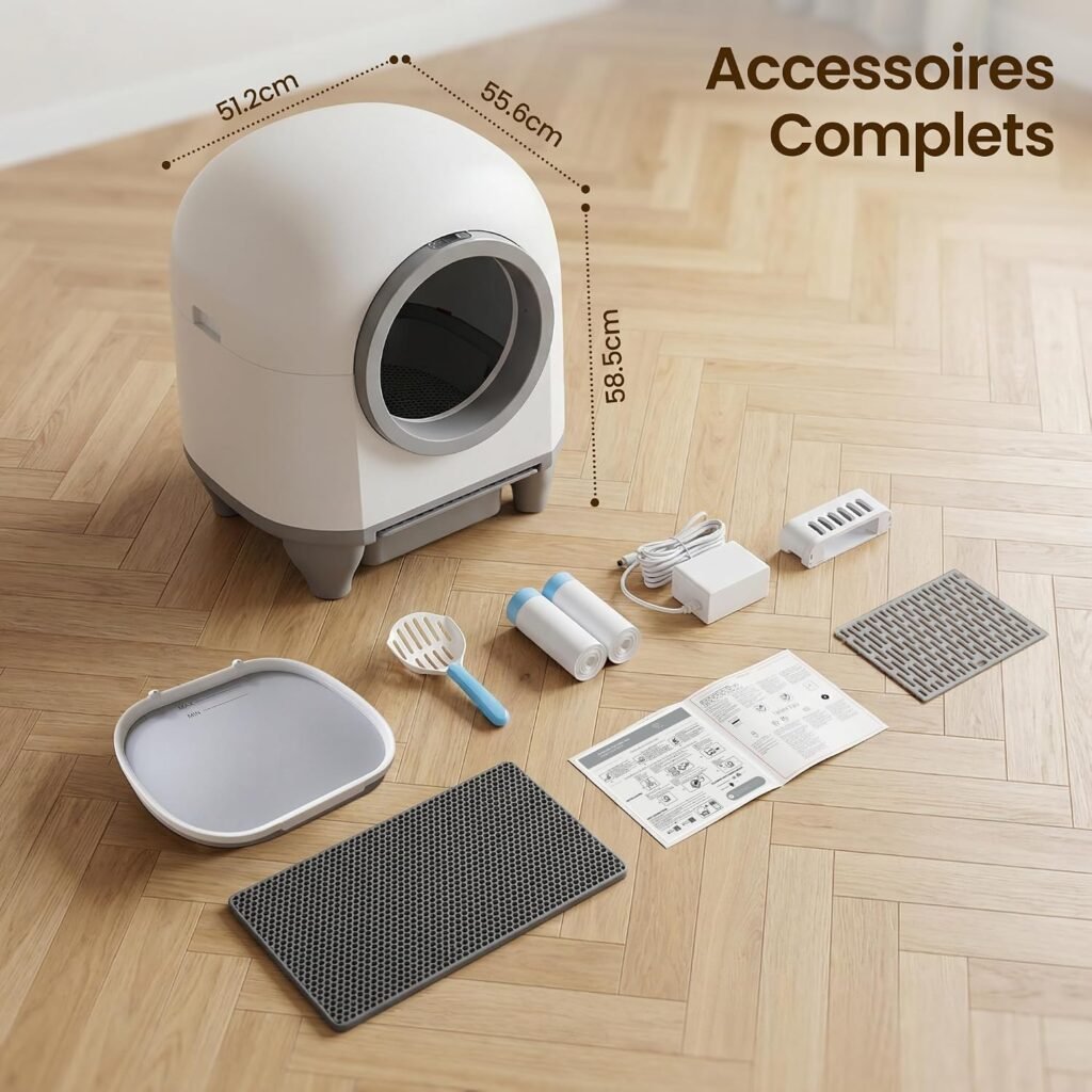 Devoko 90L : litière et accessoires fournis avec dimensions (51,2 x 55,6 x 58,5 cm) (photo fabricant)