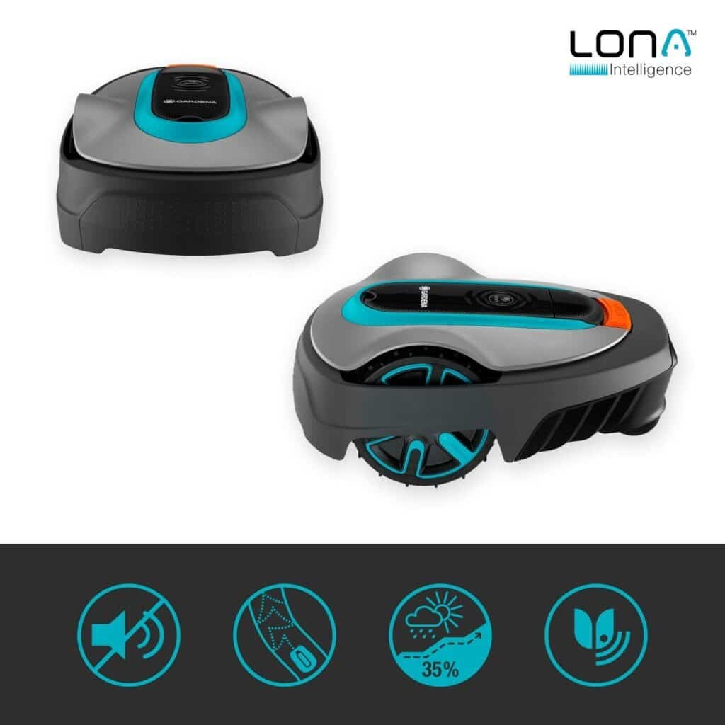 Gardena Smart Sileno City 600 : Robot vu sous deux angles, pictogrammes des fonctions et poids de 7,3 kg (photo fabricant)