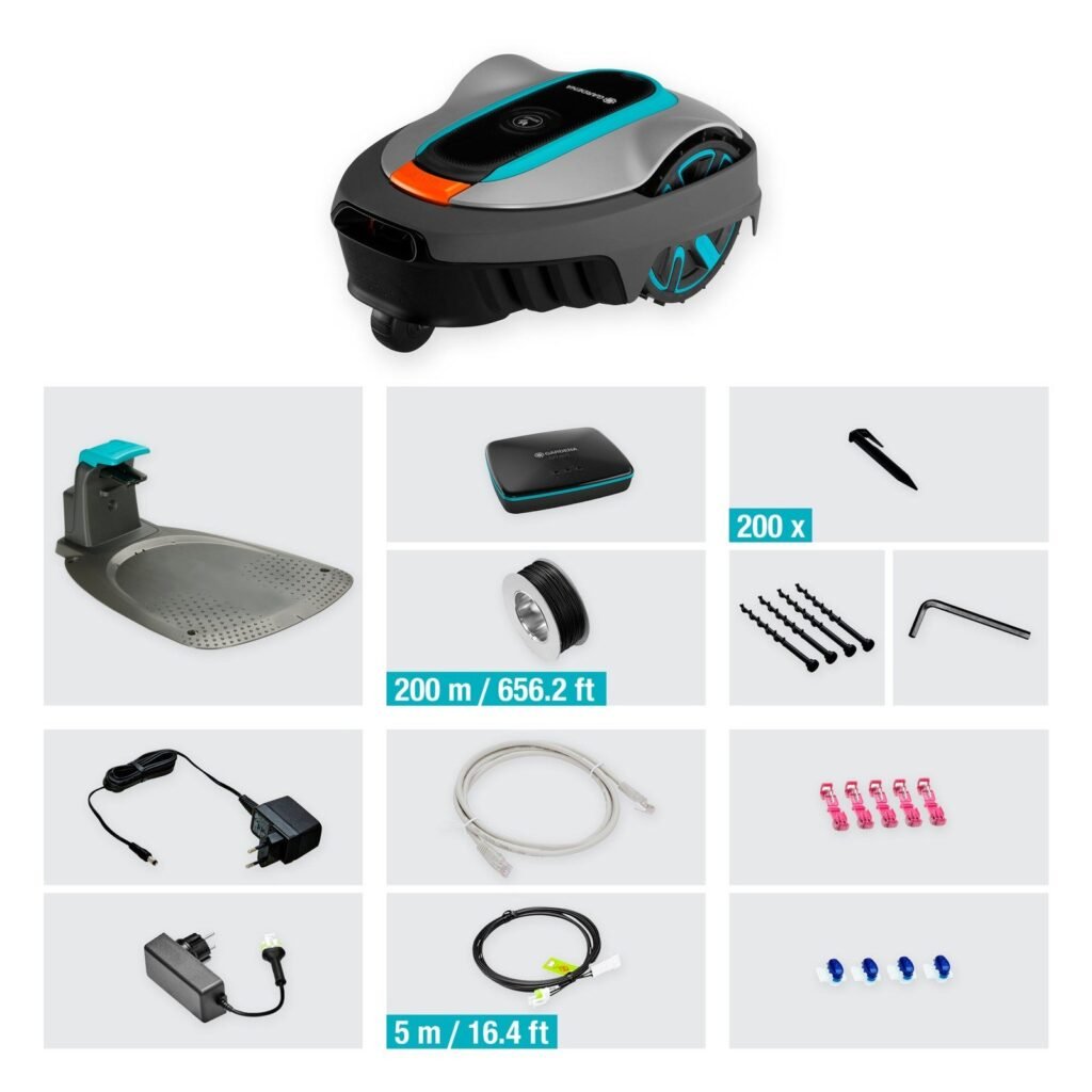 Gardena Smart Sileno City 600 : Contenu du set : robot, station, gateway, câble, cavaliers, connecteurs (photo fabricant)