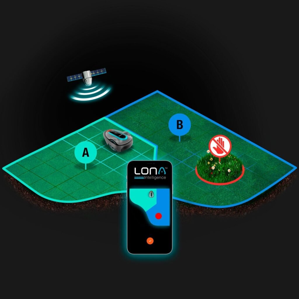Gardena Smart Sileno City 600 : Cartographie LONA : zones et zone d'exclusion dans l'application (photo fabricant)